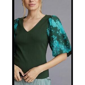 Anthropologie Dolan Lace Puff-Sleeve Top Holly Green Small Romantic Blouse